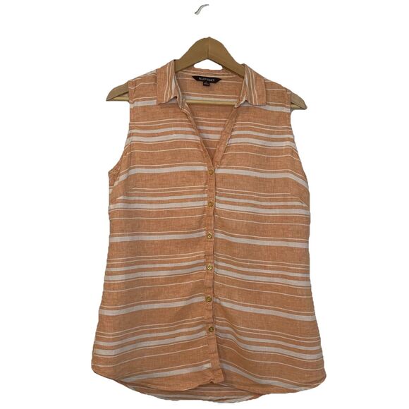 Ellen Tracy 100% Linen Tank Button Down Striped Orange White - Large - Picture 1 of 8